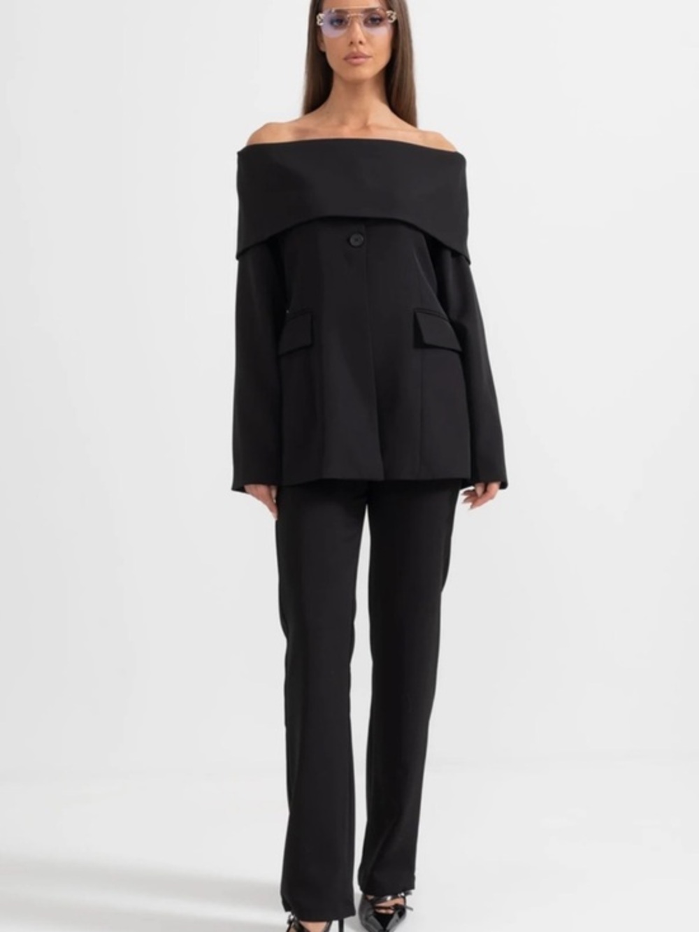 Sierra Darien Off-Shoulder Single Button Blazer